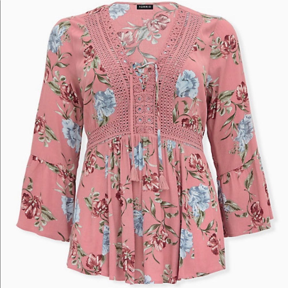 Torrid Floral Crinkle Gauze & Crochet Babydoll Top